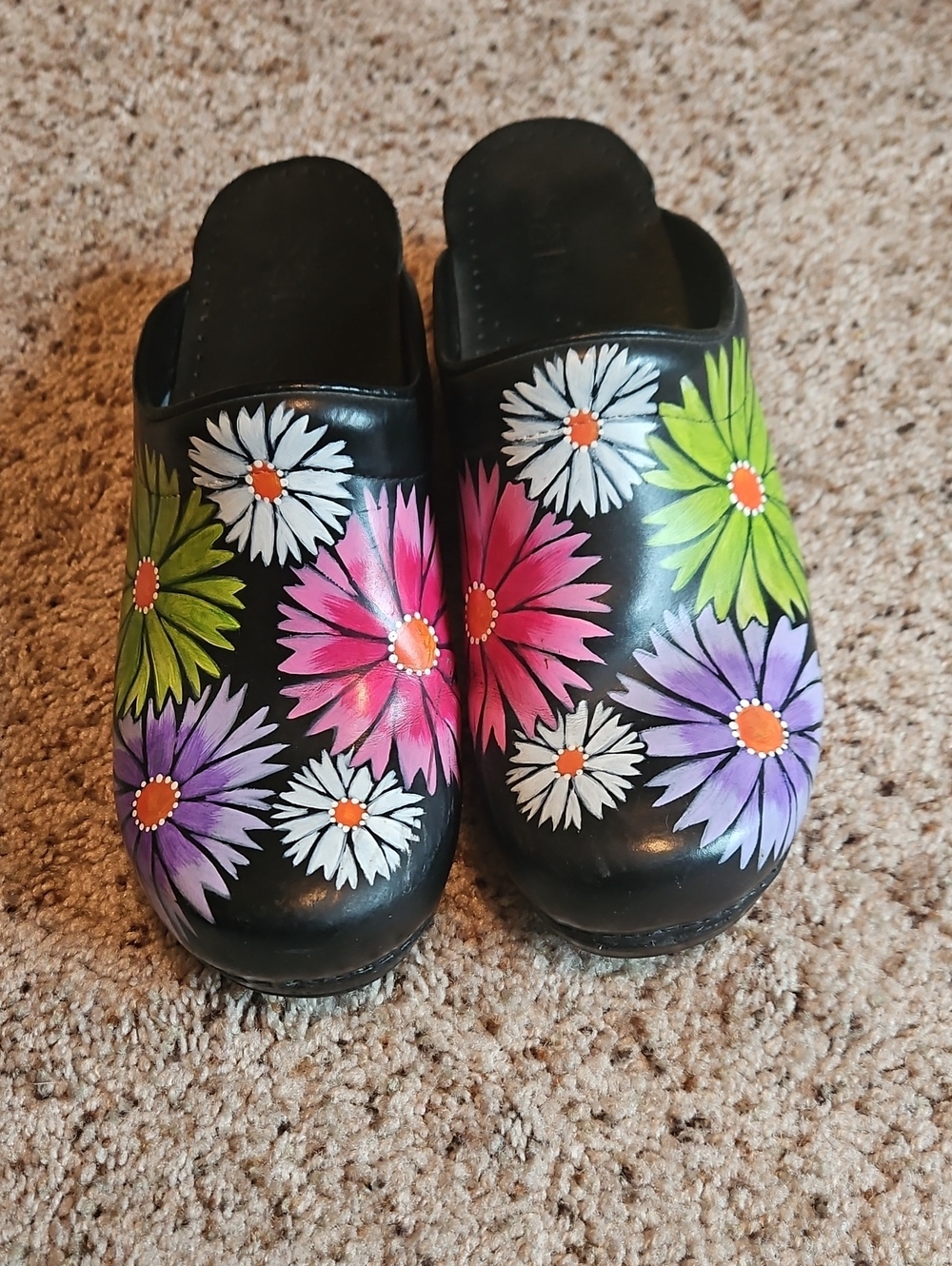 Sanita Black Mules with Hand-Painted Floral Design in Pink, Purple, Green, White